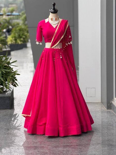 Ingenious Hot Pink Navratri Roman Silk Lehenga with Real Mirror Blouse at Wholesale Rate Navratri Lehnega Choli