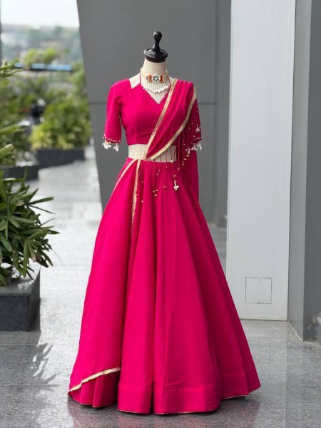 Ingenious Hot Pink Navratri Roman Silk Lehenga with Real Mirror Blouse at Wholesale Rate Navratri Lehnega Choli