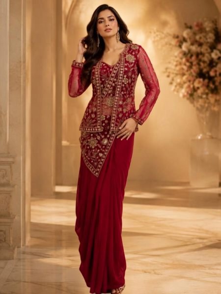 Ingenious Hot Pink Ready to Wear Lycra Saree with Designer Beads Work Jacket Set 