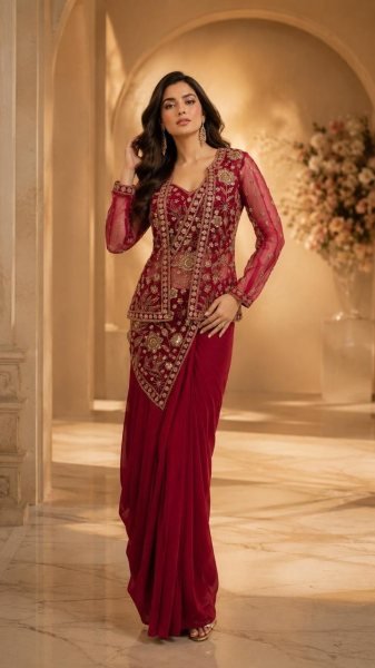 Ingenious Hot Pink Ready to Wear Lycra Saree with Designer Beads Work Jacket Set Ready To Wear Saree 