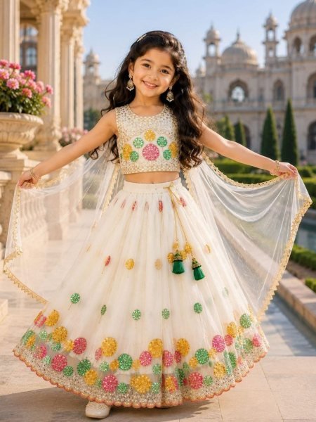 Ingenious Off White Kids Lehenga Set with Heavy Embroidery for Wedding Wear Kurtis