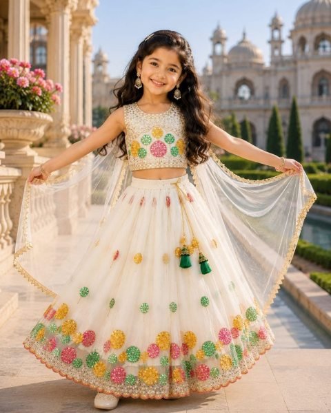 Ingenious Off White Kids Lehenga Set with Heavy Embroidery for Wedding Wear Girls Wear