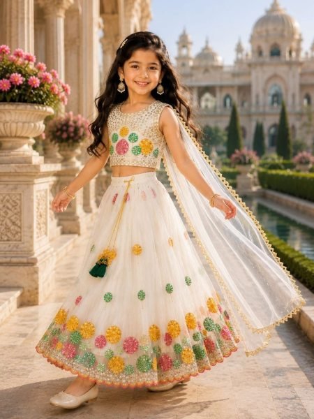 Ingenious Off White Kids Lehenga Set with Heavy Embroidery for Wedding Wear Girls Wear
