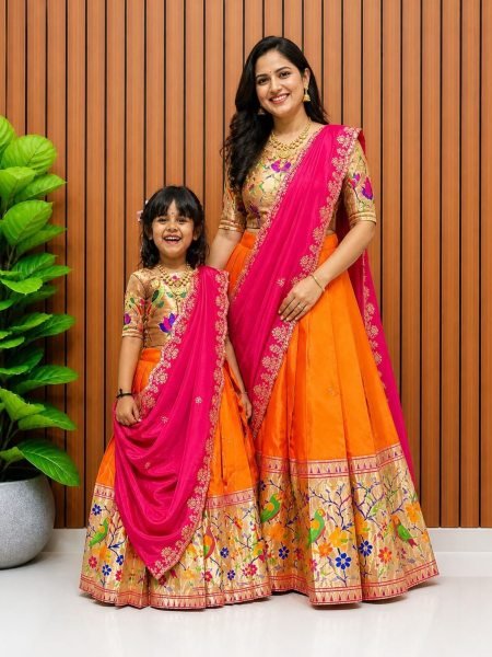 Ingenious Orange Festival Wear Kids Paithani Silk Lehenga Choli with Full Flair Design Mom-Doughter Collection