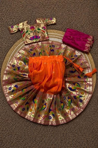Ingenious Orange Festival Wear Kids Paithani Silk Lehenga Choli with Full Flair Design Mom-Doughter Collection