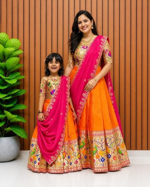 Ingenious Orange Festival Wear Kids Paithani Silk Lehenga Choli with Full Flair Design Mom-Doughter Collection