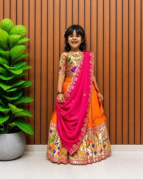 Ingenious Orange Festival Wear Kids Paithani Silk Lehenga Choli with Full Flair Design Mom-Doughter Collection