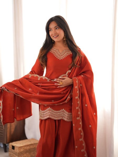 Ingenious Orange Glass Roman Silk Kurta Set with Farshi Shalwar and Dupatta 