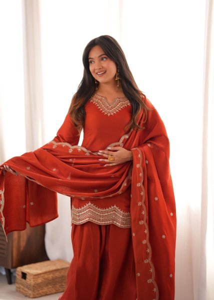 Ingenious Orange Glass Roman Silk Kurta Set with Farshi Shalwar and Dupatta Ready To Wear Collection