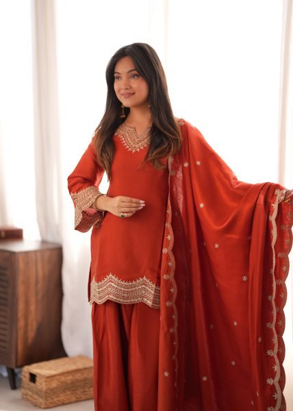 Ingenious Orange Glass Roman Silk Kurta Set with Farshi Shalwar and Dupatta Ready To Wear Collection