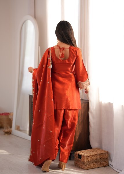 Ingenious Orange Glass Roman Silk Kurta Set with Farshi Shalwar and Dupatta Ready To Wear Collection