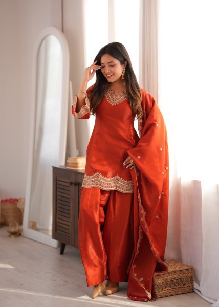 Ingenious Orange Glass Roman Silk Kurta Set with Farshi Shalwar and Dupatta Ready To Wear Collection