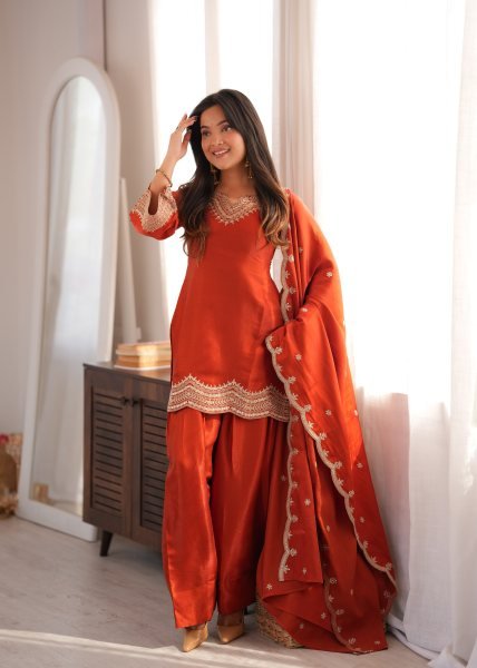 Ingenious Orange Glass Roman Silk Kurta Set with Farshi Shalwar and Dupatta Ready To Wear Collection