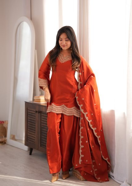 Ingenious Orange Glass Roman Silk Kurta Set with Farshi Shalwar and Dupatta Ready To Wear Collection