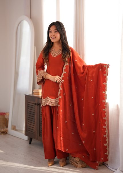 Ingenious Orange Glass Roman Silk Kurta Set with Farshi Shalwar and Dupatta Ready To Wear Collection
