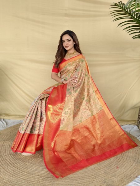 Ingenious Orange Kanchipuram Silk Saree with Golden Zari Weaving and Matching Blouse Sarees 