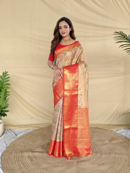Ingenious Orange Kanchipuram Silk Saree with Golden Zari Weaving and Matching Blouse Silk Sarees Wholesale