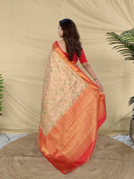 Ingenious Orange Kanchipuram Silk Saree with Golden Zari Weaving and Matching Blouse Silk Sarees Wholesale