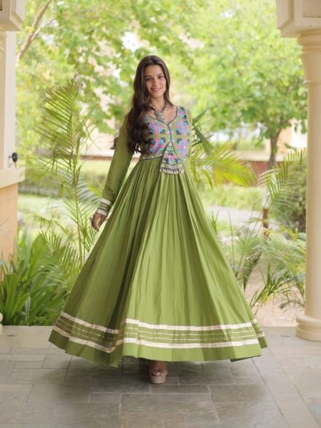 Ingenious Parrot Green Designer Kora Cotton Gown with Gota Patti and Codi Lace Detailing Kurtis