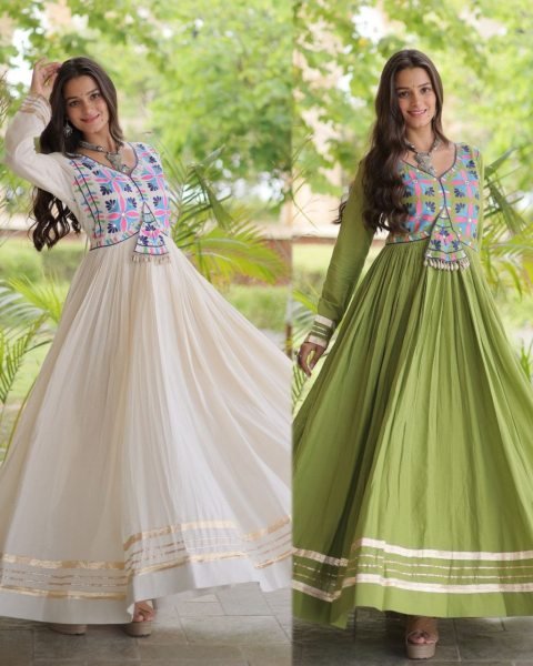 Ingenious Parrot Green Designer Kora Cotton Gown with Gota Patti and Codi Lace Detailing Anarkali Kurtis 