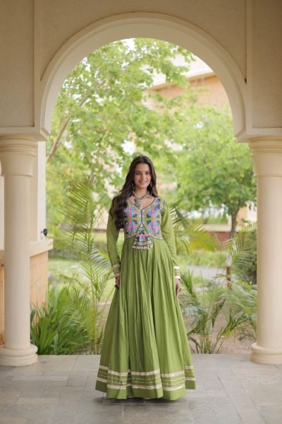 Ingenious Parrot Green Designer Kora Cotton Gown with Gota Patti and Codi Lace Detailing Anarkali Kurtis 
