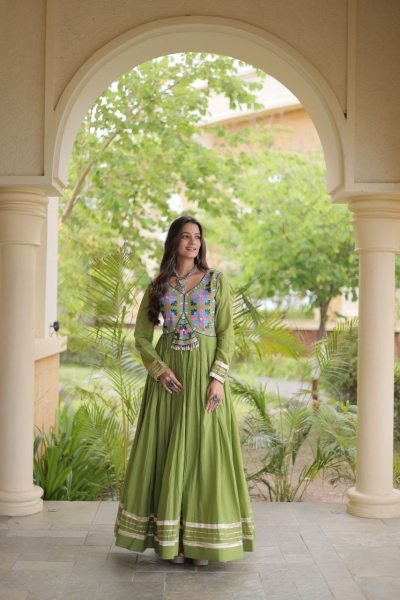 Ingenious Parrot Green Designer Kora Cotton Gown with Gota Patti and Codi Lace Detailing Anarkali Kurtis 