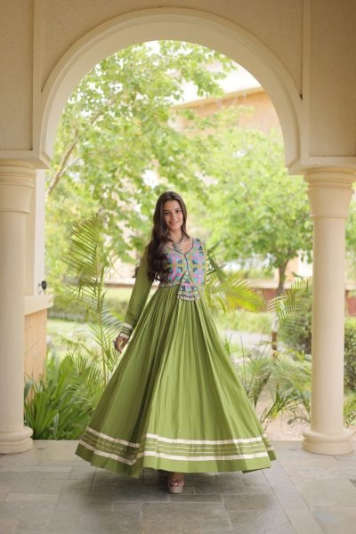 Ingenious Parrot Green Designer Kora Cotton Gown with Gota Patti and Codi Lace Detailing Anarkali Kurtis 