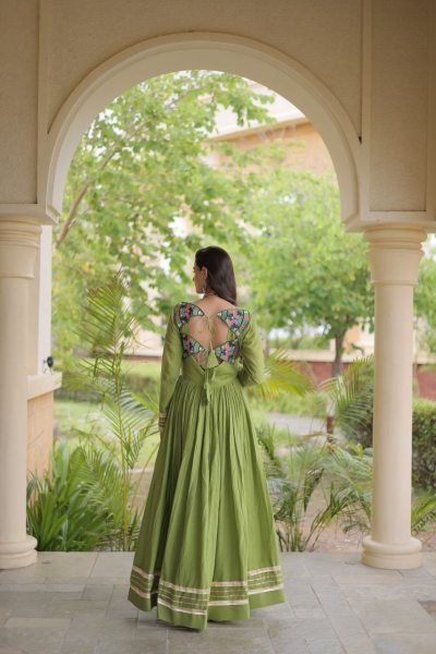 Ingenious Parrot Green Designer Kora Cotton Gown with Gota Patti and Codi Lace Detailing Anarkali Kurtis 