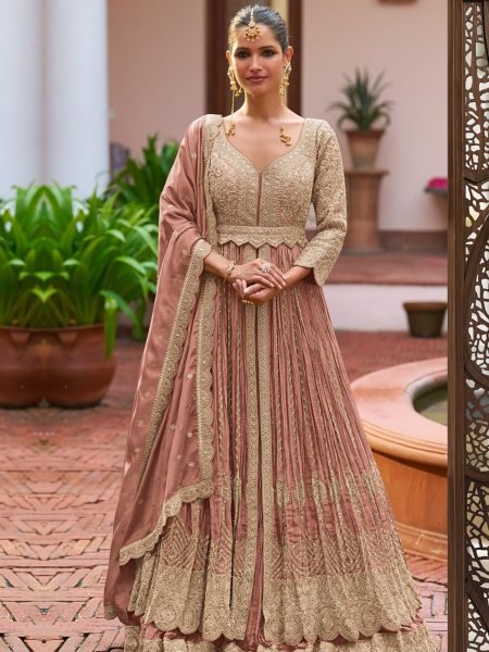 Ingenious Peach Designer Heavy Chinon Suit Set at Wholesale Rate for Women 