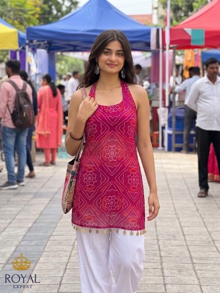 Ingenious Pink Magenta Bandhani Print Short Kurti with Gold Coin Border at Manufacturer  Tunics kurti