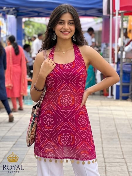 Ingenious Pink Magenta Bandhani Print Short Kurti with Gold Coin Border at Manufacturer  Tunics kurti