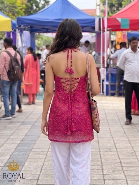 Ingenious Pink Magenta Bandhani Print Short Kurti with Gold Coin Border at Manufacturer  Tunics kurti