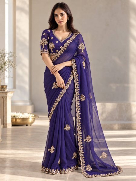 Ingenious Purple Wedding Wear Chiffon Satin Silk Saree with Embroidered Blouse Pure Chiffon Sarees Wholesale