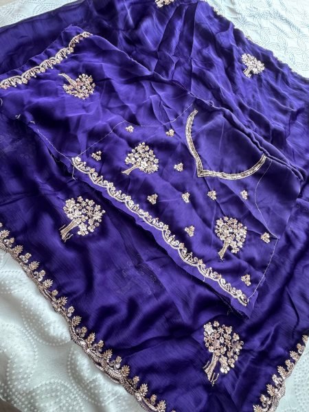 Ingenious Purple Wedding Wear Chiffon Satin Silk Saree with Embroidered Blouse Pure Chiffon Sarees Wholesale