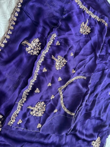 Ingenious Purple Wedding Wear Chiffon Satin Silk Saree with Embroidered Blouse Pure Chiffon Sarees Wholesale