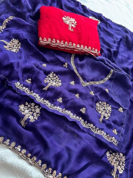 Ingenious Purple Wedding Wear Chiffon Satin Silk Saree with Embroidered Blouse Pure Chiffon Sarees Wholesale