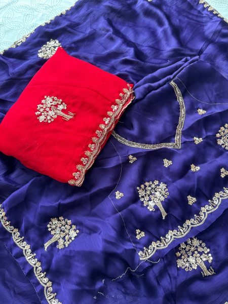 Ingenious Purple Wedding Wear Chiffon Satin Silk Saree with Embroidered Blouse Pure Chiffon Sarees Wholesale