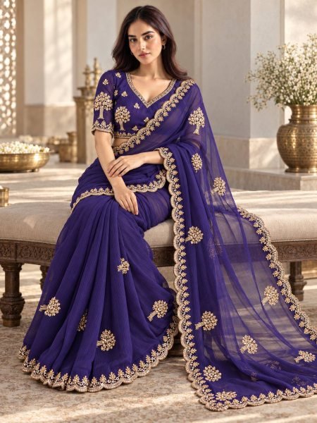Ingenious Purple Wedding Wear Chiffon Satin Silk Saree with Embroidered Blouse Pure Chiffon Sarees Wholesale