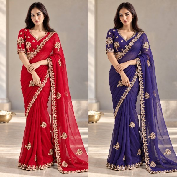Ingenious Purple Wedding Wear Chiffon Satin Silk Saree with Embroidered Blouse Pure Chiffon Sarees Wholesale