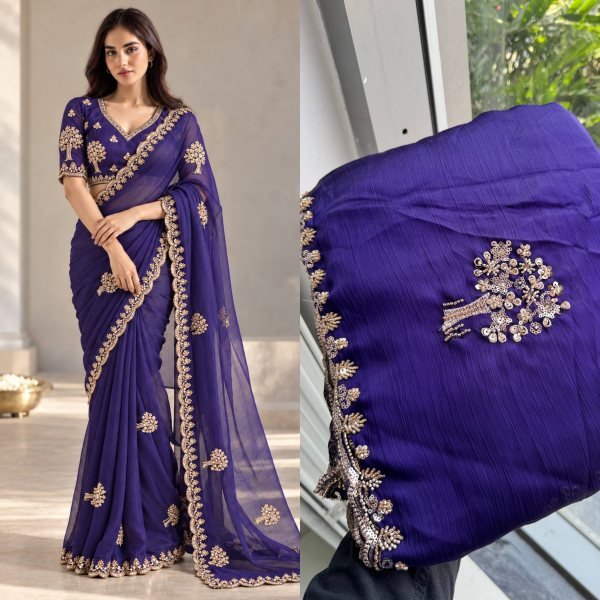 Ingenious Purple Wedding Wear Chiffon Satin Silk Saree with Embroidered Blouse Pure Chiffon Sarees Wholesale