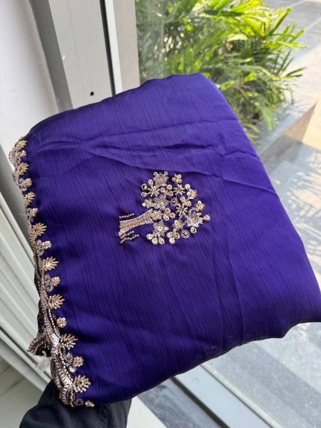 Ingenious Purple Wedding Wear Chiffon Satin Silk Saree with Embroidered Blouse Pure Chiffon Sarees Wholesale
