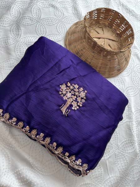 Ingenious Purple Wedding Wear Chiffon Satin Silk Saree with Embroidered Blouse Pure Chiffon Sarees Wholesale
