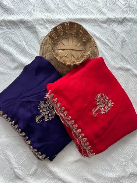 Ingenious Purple Wedding Wear Chiffon Satin Silk Saree with Embroidered Blouse Pure Chiffon Sarees Wholesale