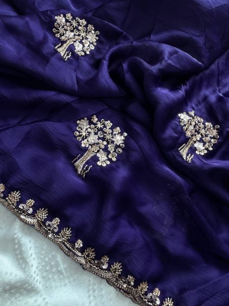 Ingenious Purple Wedding Wear Chiffon Satin Silk Saree with Embroidered Blouse Pure Chiffon Sarees Wholesale