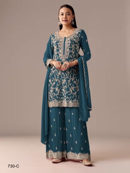 Ingenious Rama Heavy Georgette Silk Embroidered Suit Set with 4 Side Lace Dupatta at Festival Salwar Kameez