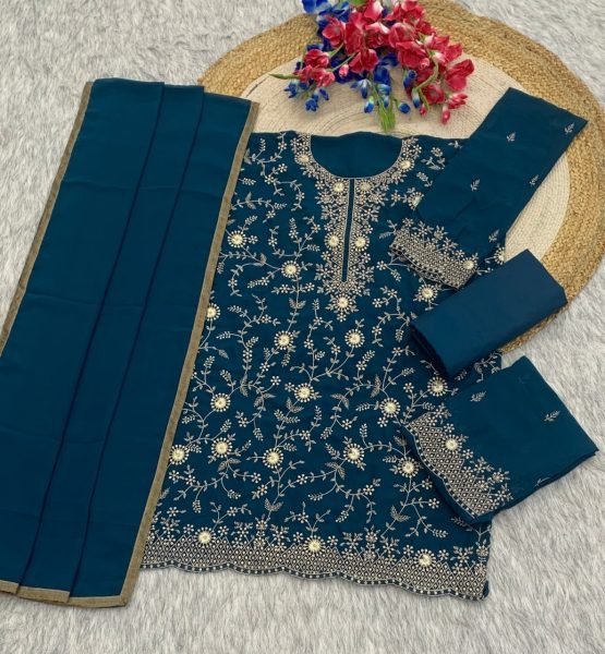Ingenious Rama Heavy Georgette Silk Embroidered Suit Set with 4 Side Lace Dupatta at Festival Designer Plazzo Salwar Suits Wholesale