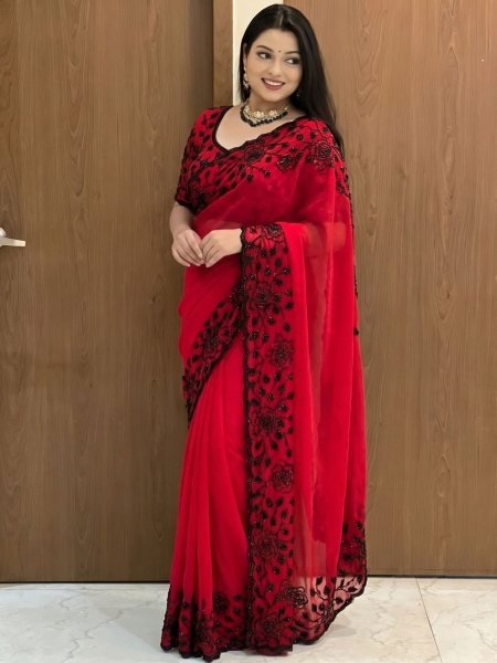 Ingenious Red Premium Pure Fox Georgette Saree with Original Black Beads Work Sarees 