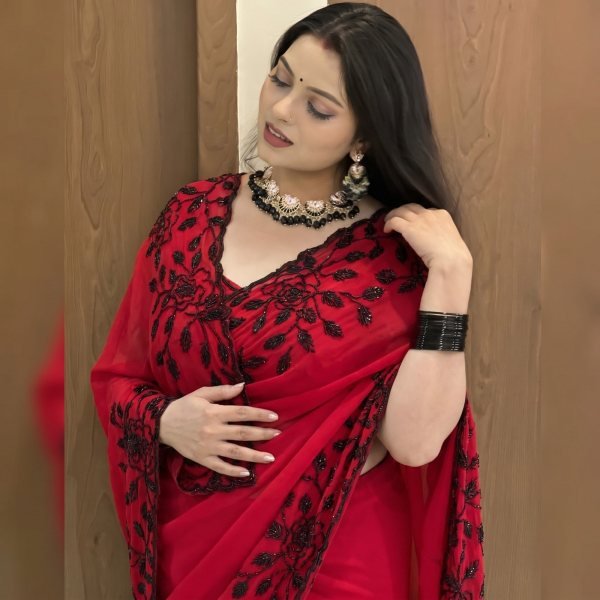 Ingenious Red Premium Pure Fox Georgette Saree with Original Black Beads Work Georgette Sarees Wholesale