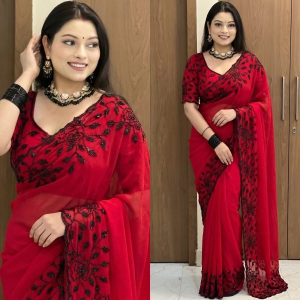 Ingenious Red Premium Pure Fox Georgette Saree with Original Black Beads Work Georgette Sarees Wholesale