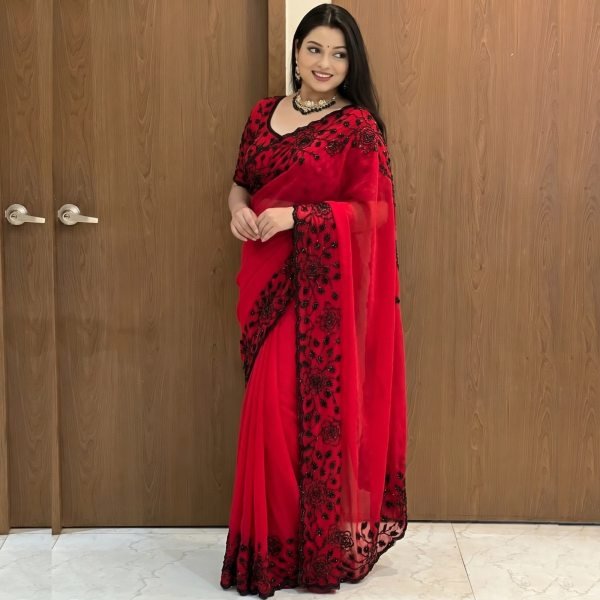 Ingenious Red Premium Pure Fox Georgette Saree with Original Black Beads Work Georgette Sarees Wholesale